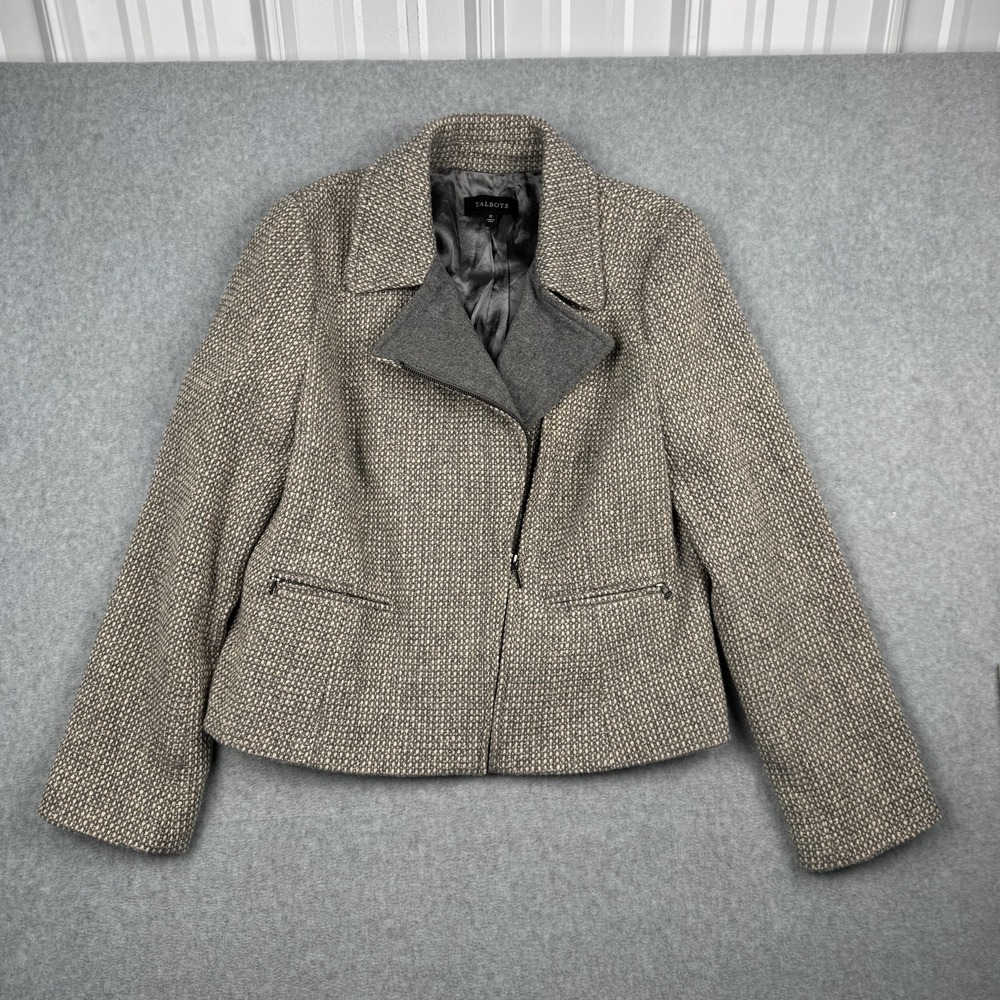 Talbots Moto Jacket Women 12 Gray Tan Wool Blend Asymmetrical Zip Tweed Academia